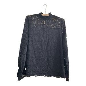 Adrianna Papell Midnight Black Lace Long Sleeve Blouse | Elegant High Neck Top